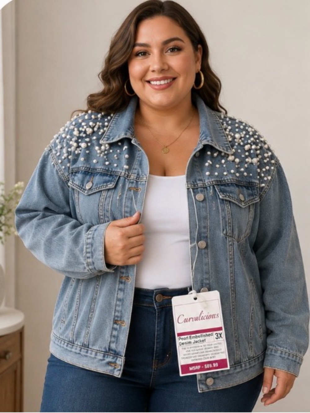 Curvalicious Pearl Embellished Denim Jean Jacket Plus Size 3X , P2P 27” NWT
